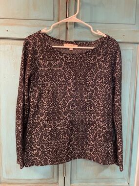 LOFT Black and Gray Damask-Pattern Long Sleeve Top